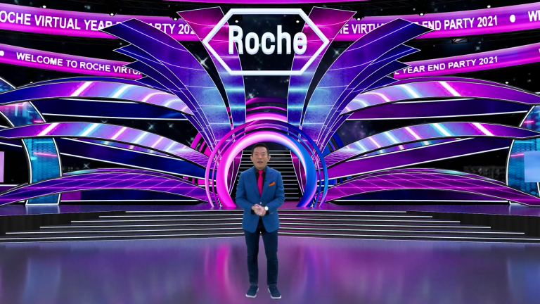 Immersive virtual reality experience at Roche's year-end celebration, emphasizing engagement and cutting-edge technology provided by Moonman Events sdn bhd