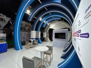 MISC exhibit at IPTC 2023, characterized by expansive blue and white walls where it was fabricated by Moonman Events sdn bhd