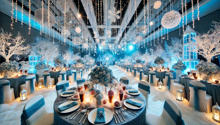 a winter dining concept with faux snow, ice sculptures, in a blue-and-white lights