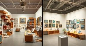 A side-by-side comparison of a cluttered vs. a well-organized exhibition space, showcasing the importance of layout and visual hierarchy.